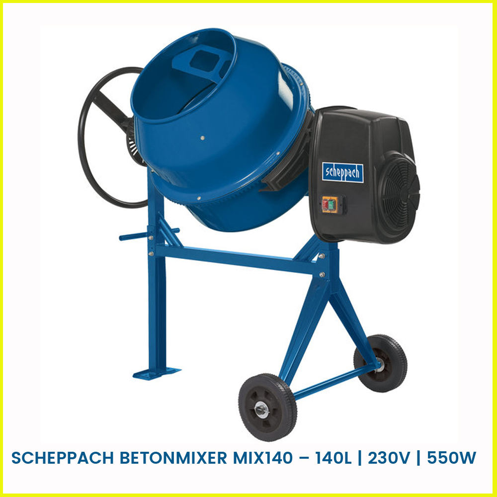 SCHEPPACH BETONMIXER MIX140 – 140L | 230V | 550W Een aanrader bij betonmolens.