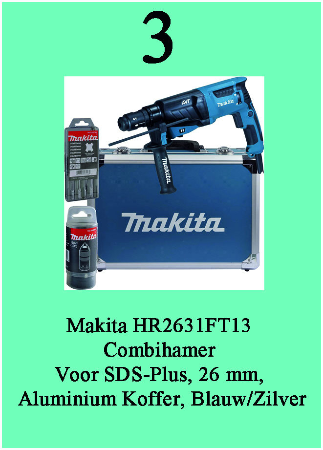 Makita HR2631FT13 Combihamer Voor SDS-Plus, 26 mm, Aluminium Koffer, Blauw/Zilver