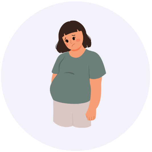 Gewichtszunahme Illustration einer Frau, die etwas traurig auf ihren Bauch schaut.