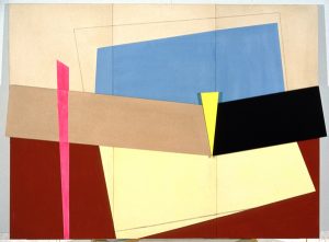 Elinor Elizabeth [Betty] Dimock.ˇThe Thin Edge of the Wedge, 1981.ˇacrylic on canvas, wood,ˇ173 x 229 cm.ˇCollection of the Winnipeg Art Gallery;ˇGift of the artist, G-96-15.