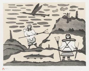Pudlo Pudlat. Inuit (Kinngait), 1916-1992. Women At the Fish Lakes, 1977. lithograph on paper, 4175. Government of Nunavut Fine Art Collection. On long-term loan to the Winnipeg Art Gallery, 984.13