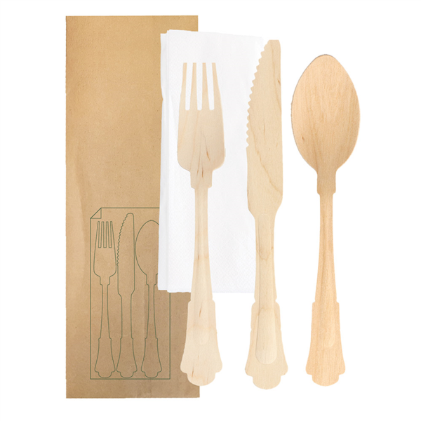Set of fork, knife, spoon and napkin in kraft bag