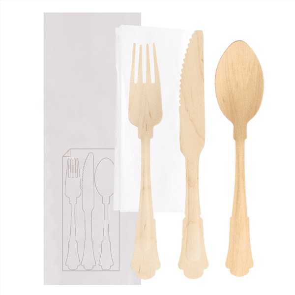 Fork, knife, spoon and napkin set in bag
