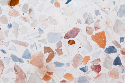 terrazzo, interieur, blauw, oranje, rood, inspiratie, trend