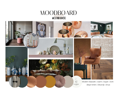 Moodboard, modern klassiek, boerderij, warm, diepe tinten, koper, woonkamer, chesterfield, oude meesters, behang, DITISDIL