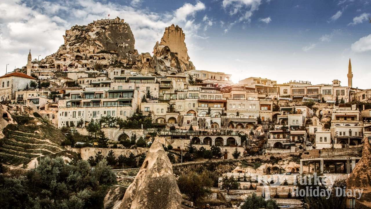 Urgups cave houses are carved into sharp rock