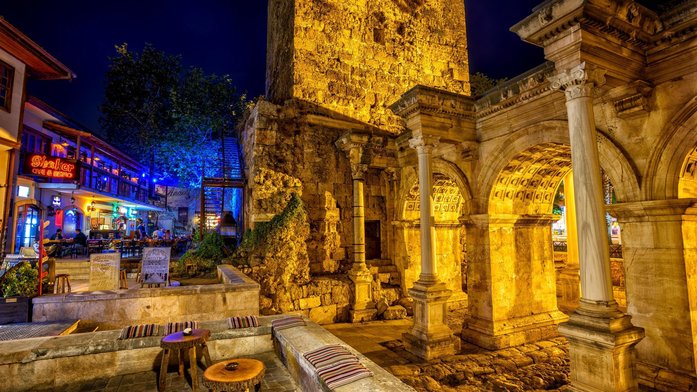 A night view from the famous historical ruin of Turkeys Antalya Hadrians Gate