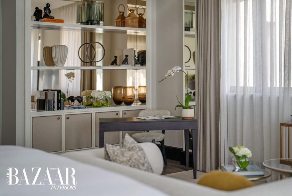 Cool and warm-toned neutral hues are layered upon each other to enrich the palette in the bedroom