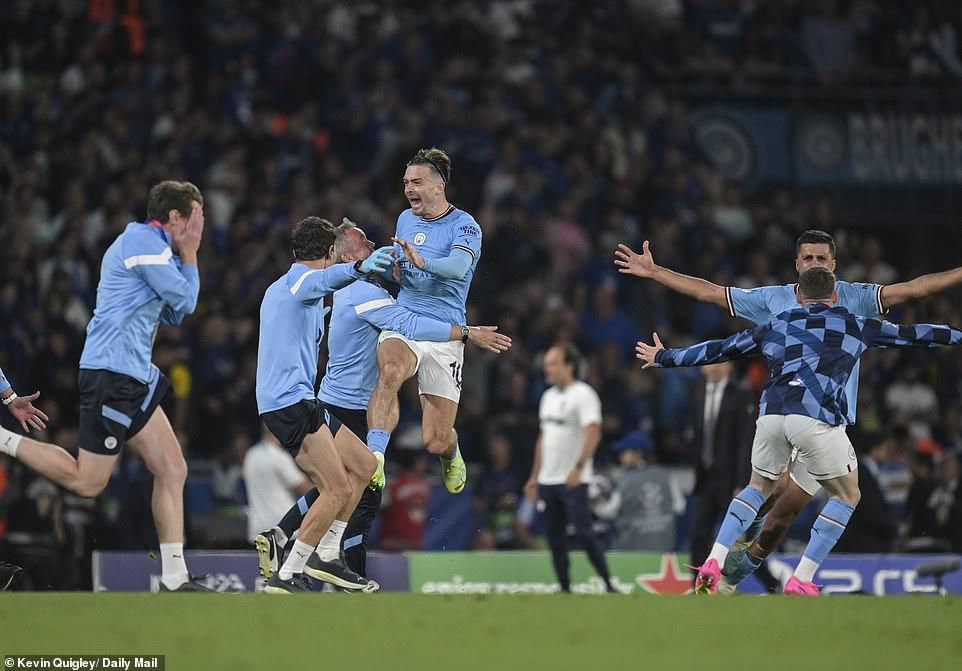 City's players celebrated wildly after the final whistle, with Jack Grealish (centre) among those overcome with emotion