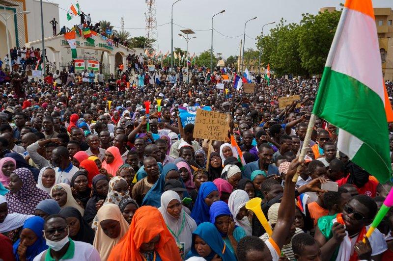 Supporters of the military junta protest against a potential military intervention by neighboring West African nations in Niamey, Niger, on Sunday. Photo by Issifou Djibo/EPA-EFE