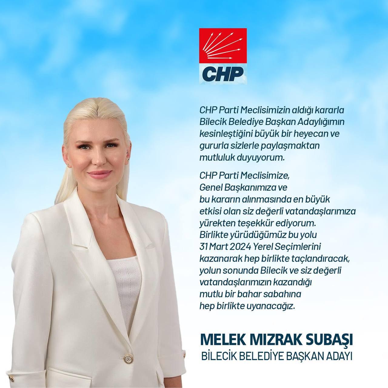 Melek Mızrak Subaşı on X: "CHP Parti Meclisimizin aldığı kararla Bilecik Belediye Başkan Adaylığımın kesinleştiğini büyük bir heyecan ve gururla sizlerle paylaşmaktan mutluluk duyuyorum. CHP Parti Meclisimize, Genel Başkanımıza ve bu kararın