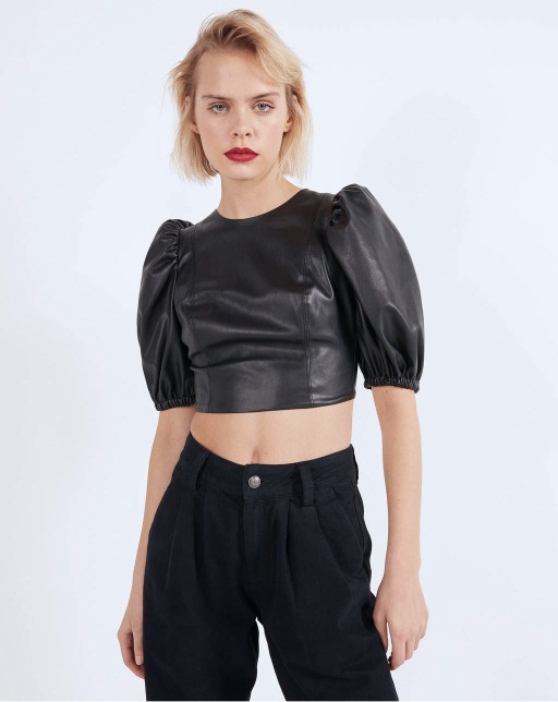 Faux leather blouse with voluminous sleeves