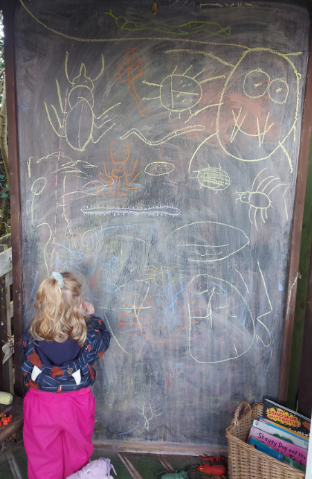 Our chalkboard outside with insect drawings on it