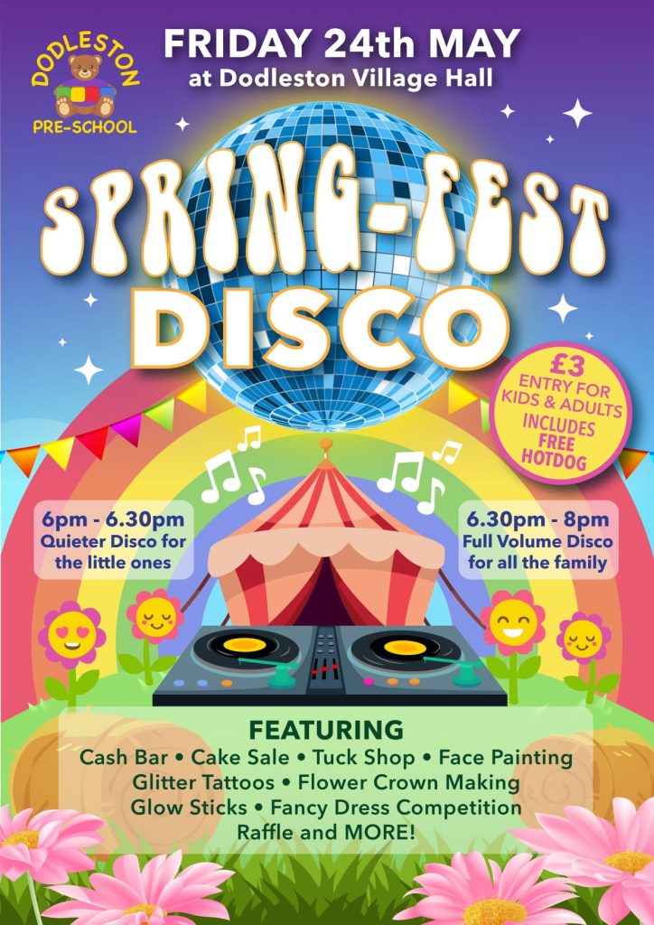 Poster for the spring-fest disco organised by Dodleston Pre-School