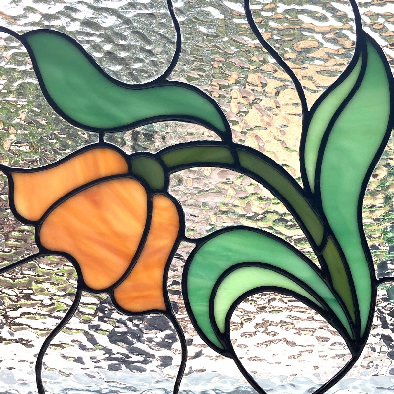 dofzwart_maatwerk_kelk Glas in lood maatwerk bloem kelk oranje