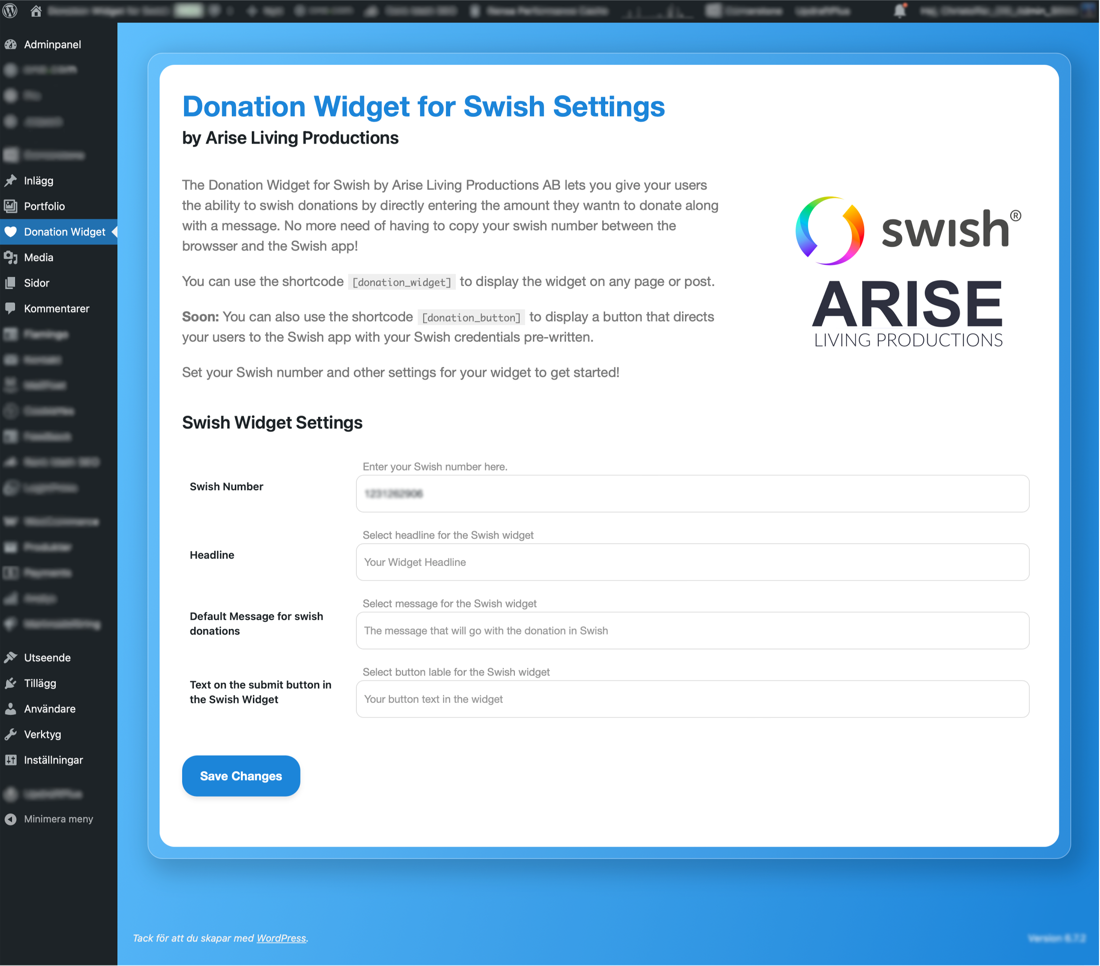 Settings page for Arise Donation Widget för Swish in Wordpress Admin pages.