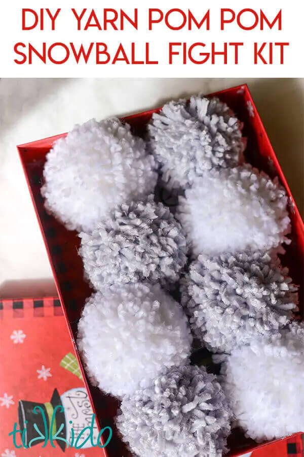 A DIY snow ball fight kit made of white and light grey yarn will be a hit with the kids this Holiday!