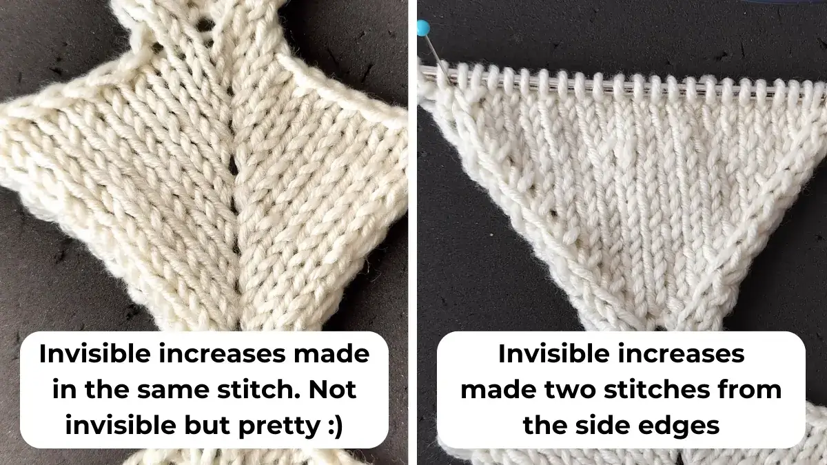 Mirrored increases is pairs of right and a left leaning decreases that looks alike. in this image you can see examples of pairs of invisible increases made into the same stitch and at the side edges of a piece of knitting.