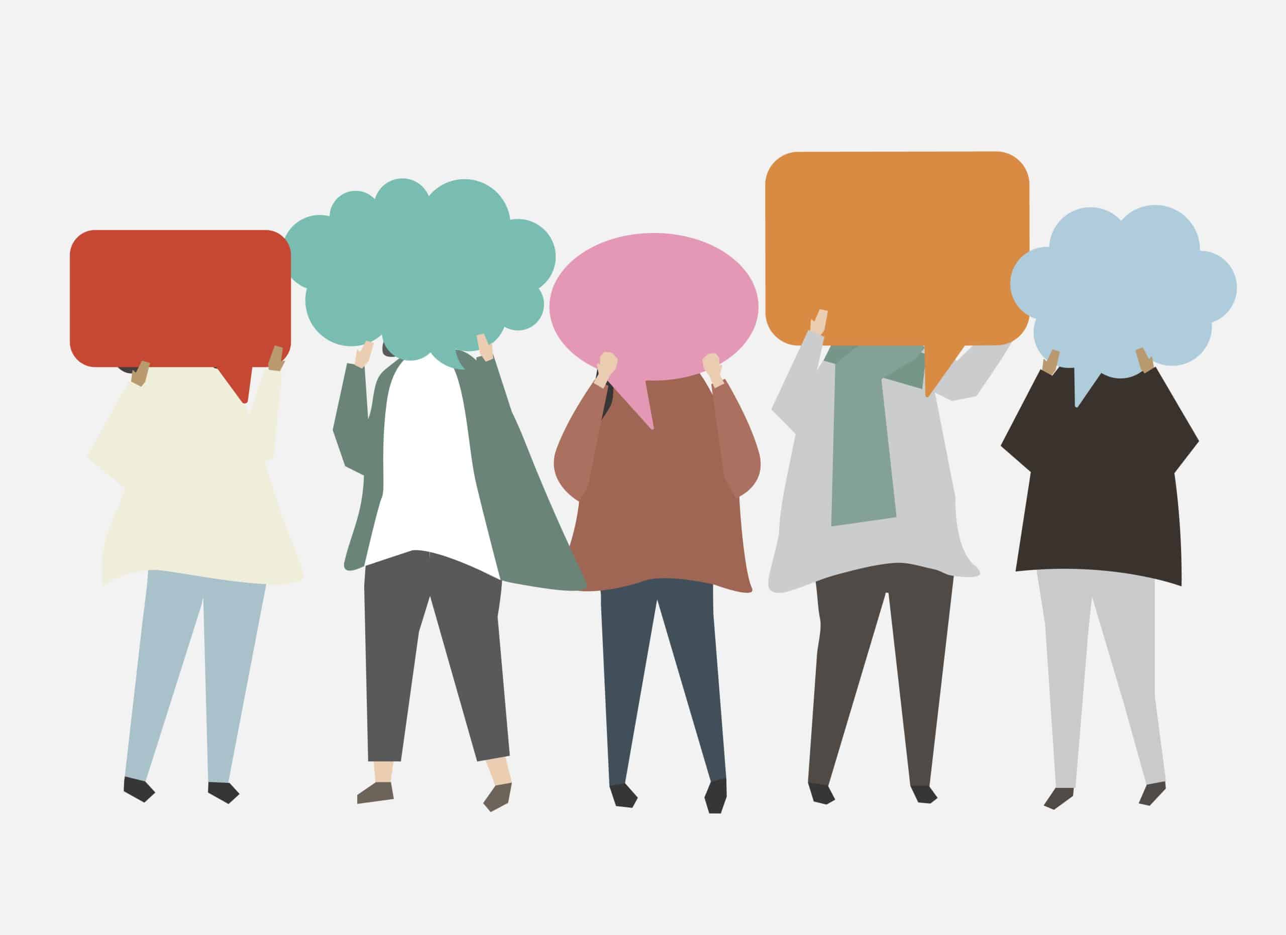 Illustration of people with speech bubbles over their heads.