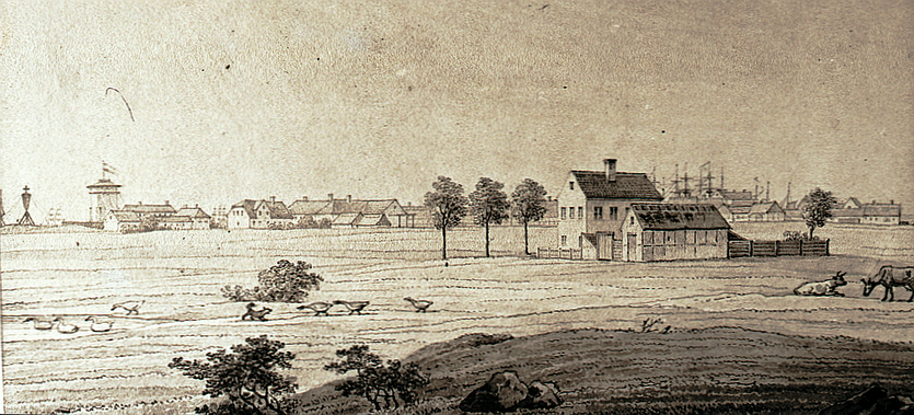 Elisenborg set fra vest med Dragør i baggrunden. Tegning udført af H. G. F. Holm, 1834 (Privateje) Elisenborg set fra vest med Dragør i baggrunden. Tegning udført af H. G. F. Holm, 1834 (Privateje)
