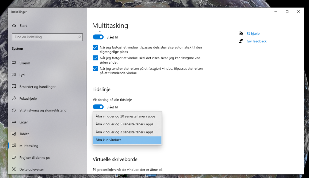 Indstillingerne for multitasking i Windows.