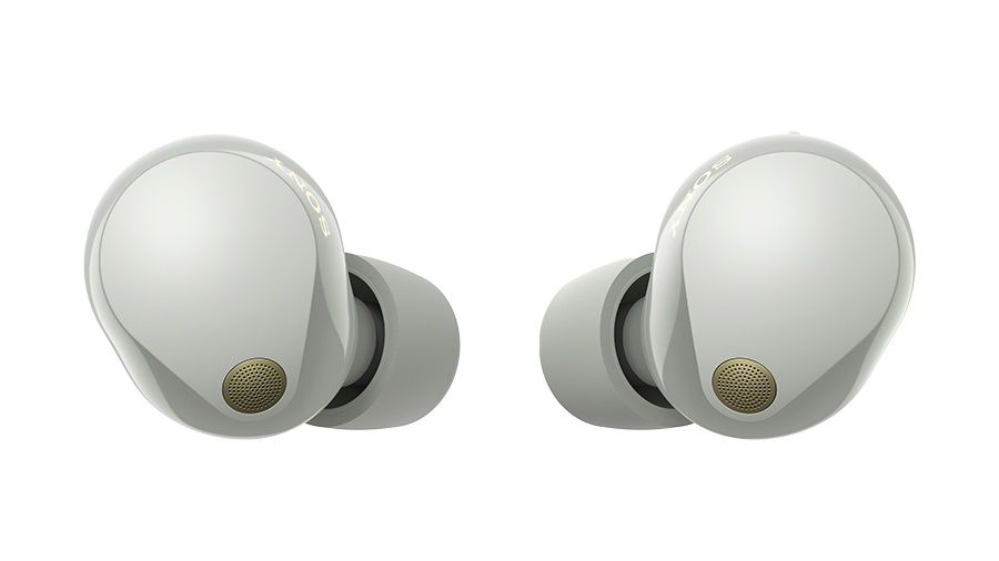 Det trådløse headset Sony WF-1000XM5 i hvid udgave.