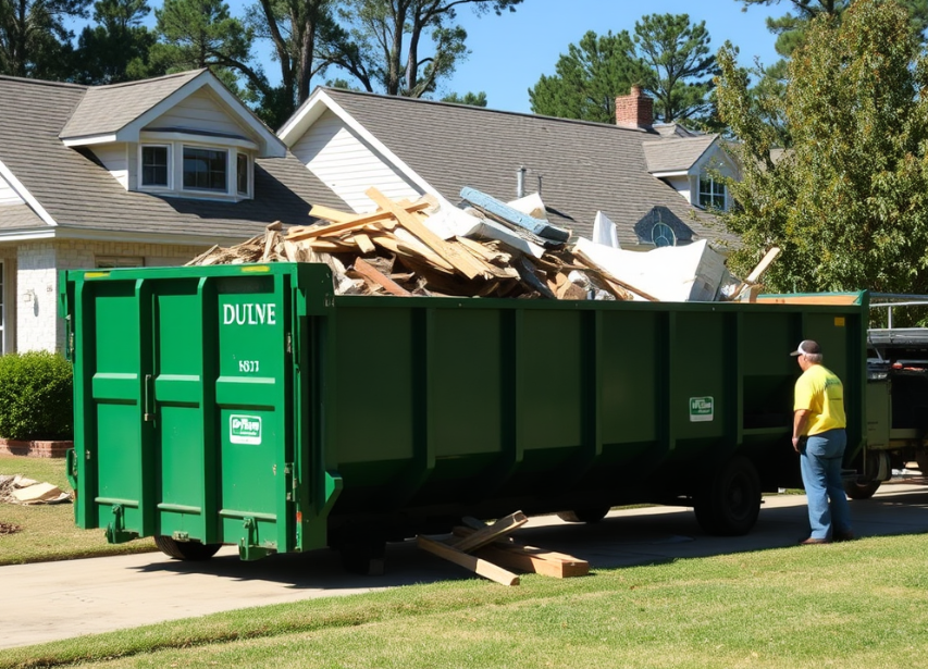 Roll-off dumpster in front of a home in Montgomery, Alabama during a renovation project.