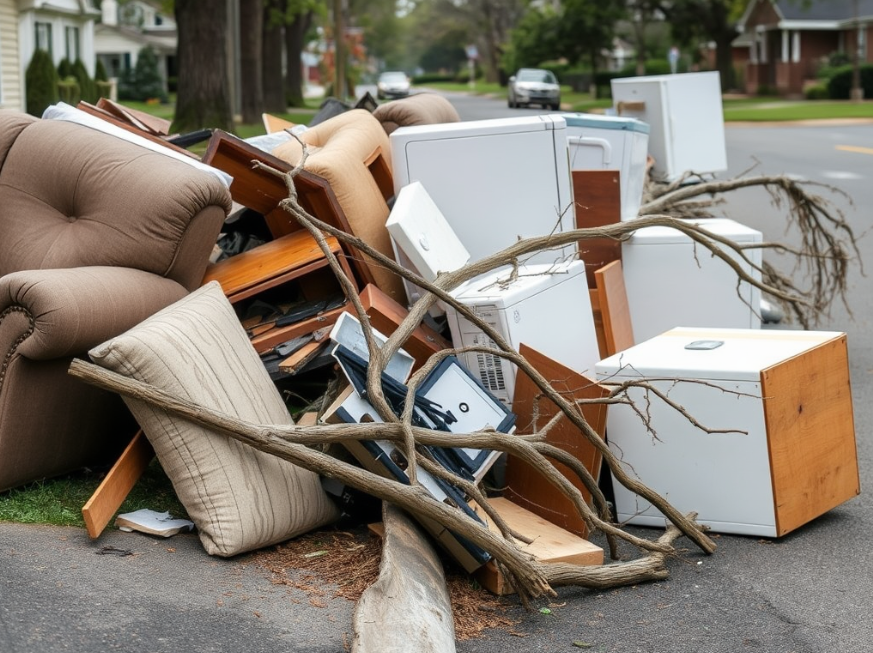 Mixed disaster debris including tree branches, furniture, and appliances outside a home in Montgomery.