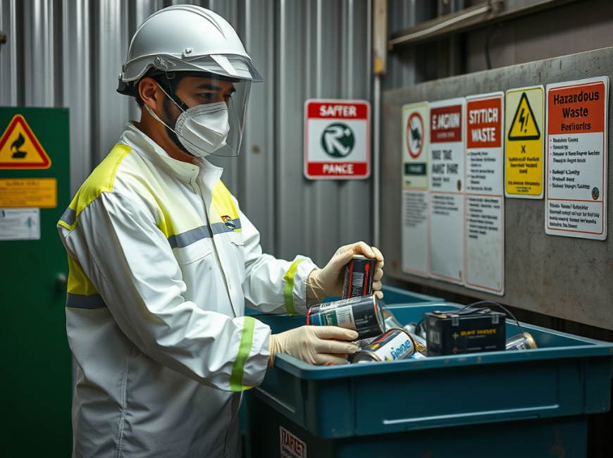 A worker in Montgomery safely disposing of hazardous waste after a severe storm.