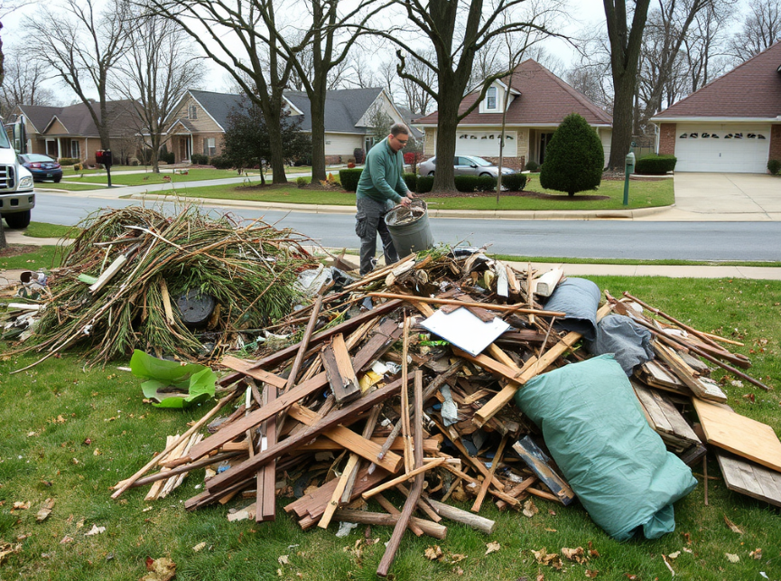 A Montgomery resident sorting storm debris into piles for removal after a disaster.