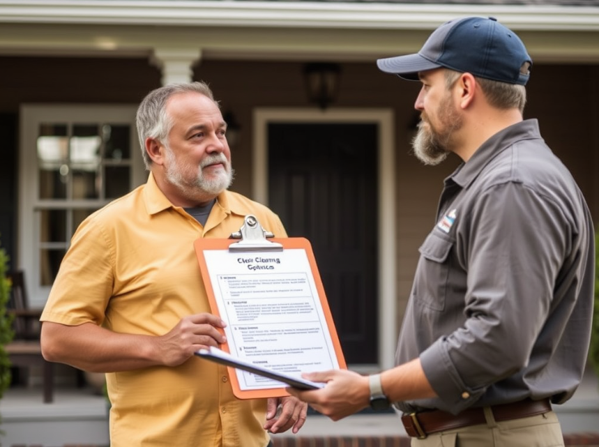 Homeowner in Montgomery consulting with a storm debris removal expert about cleanup options.