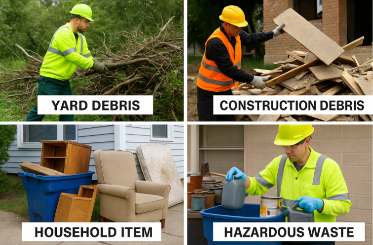 Various waste disposal services available in Montgomery including yard, construction, household, and hazardous waste cleanup.