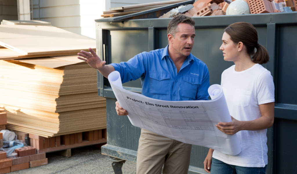 Homeowner and contractor choosing a dumpster size based on project needs.