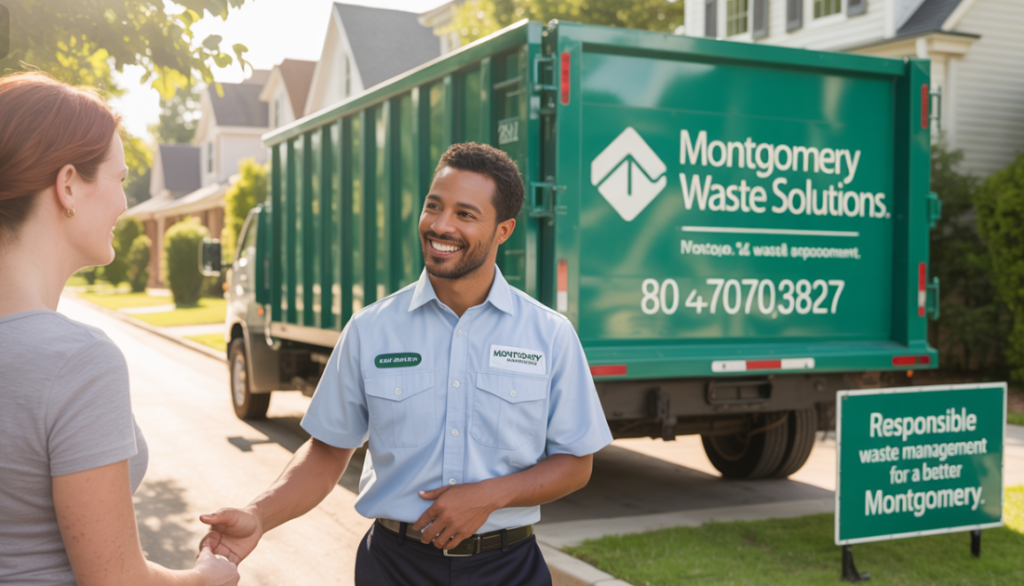 Local Montgomery dumpster rental expert offering consultation next to a service truck.