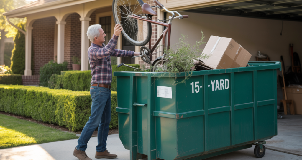 Montgomery resident loading a 15-yard dumpster during a garage clean-out.