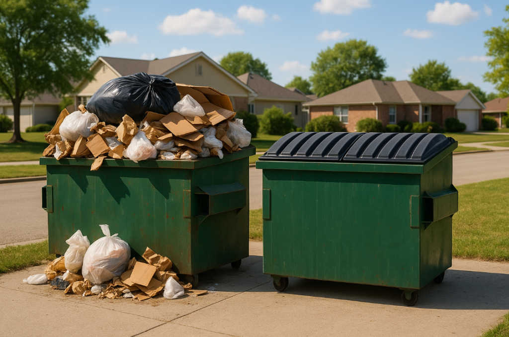 Overfilled dumpster beside a properly loaded one in a residential Montgomery area.
