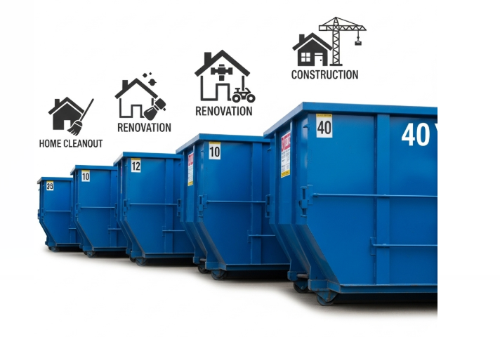 Four blue dumpsters of increasing size labeled 10 to 40 yards, each with icons showing typical uses like home cleanout, renovation, and construction.