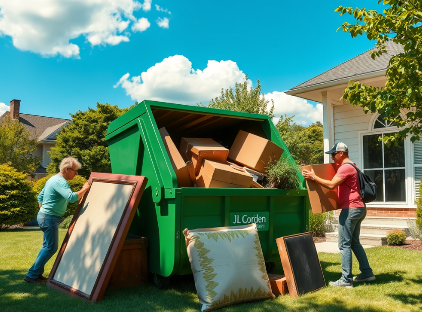 Residents loading junk and yard waste into a residential dumpster in Montgomery.
