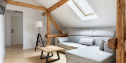 Attic apartment, modern living room, apartment interior design with old rustic wooden beams, floors and furniture.