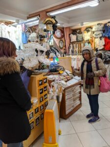 My mom, in her dramatic style, trying to explain to the lace-shop owner - “ I need a large bowl made from Burano laces, where I can serve biscuits”.