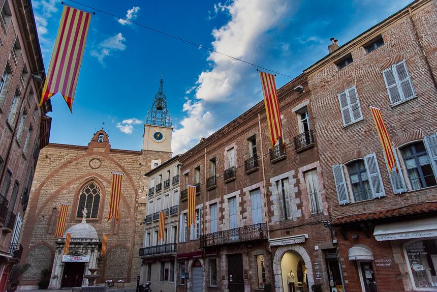 The Cathedral of St. Jean and Catalan flags