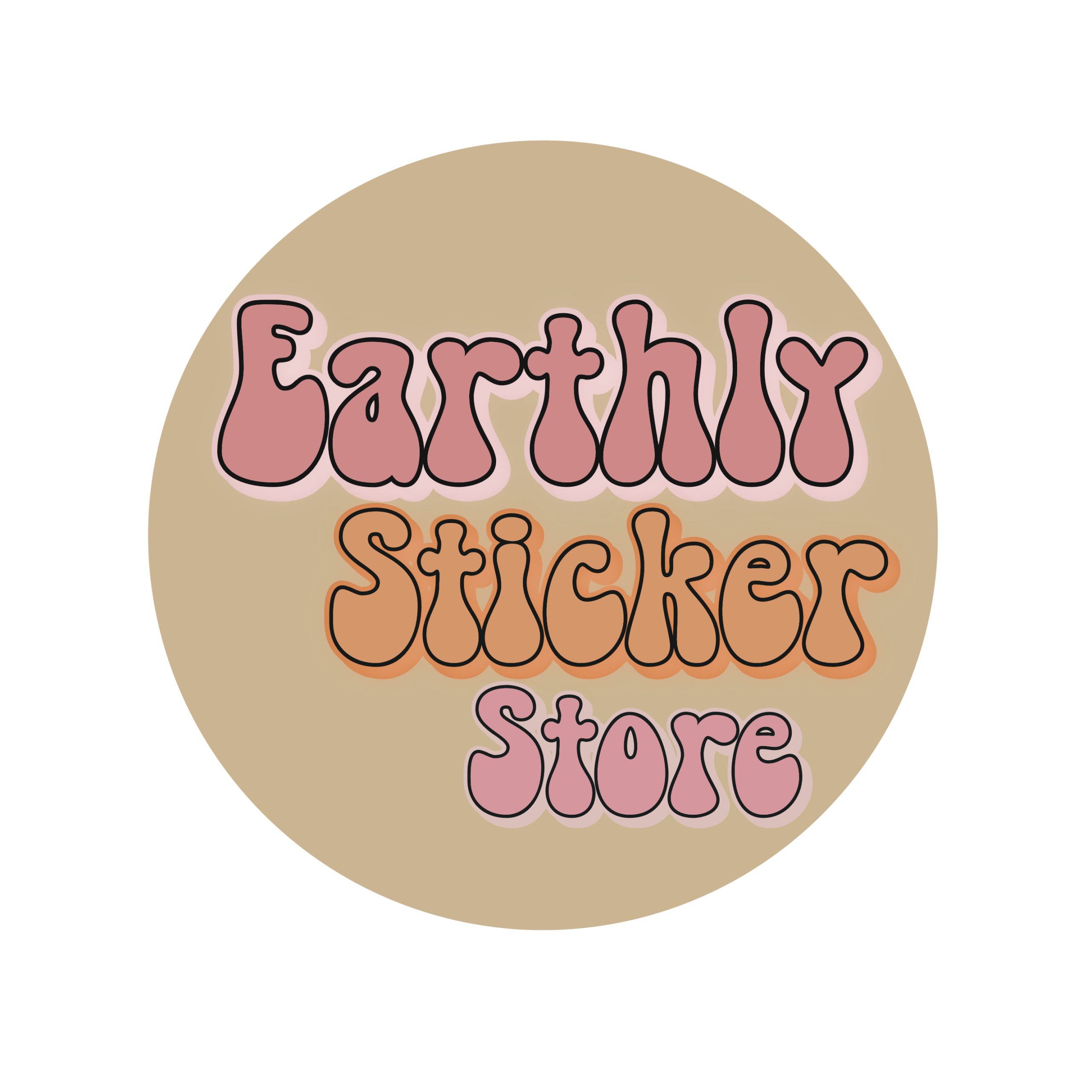 A beige circle with the words Earthly Sticker Store in pink and orange retro style bubble writing