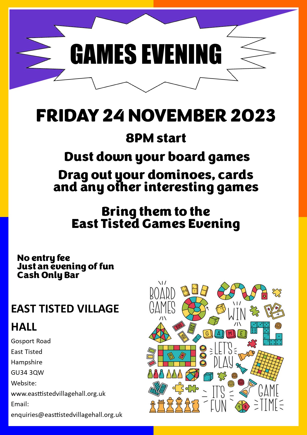 Games Night Flyer for a Games Night on 24 November 2024