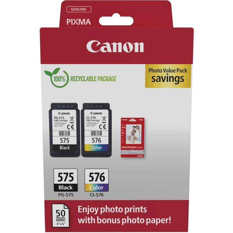 Pack 2 cartouches d'encre Canon PG-575/CL-576 (Noir + Couleurs) + papier photo Pack 2 cartouches d'encre Canon PG-575/CL-576 (Noir + Couleurs) + papier photo