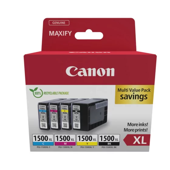 Pack 4 cartouches d'encre Canon PGI-1500XL (Noir, Cyan, Magenta, Jaune)