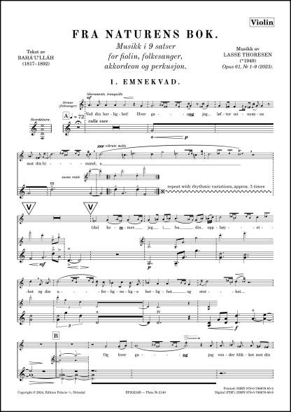 Lasse Thoresen: "Fra naturens bok" (Op. 61, No. 1–9) for fiolin, folkesanger, akkordeon og perkusjon (Set of parts) - Image 2