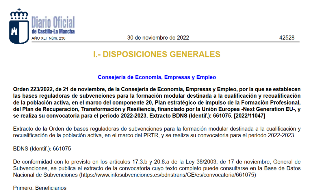 Subvenciones para la cualificación y recualificación de la población activa de Castilla La Mancha. Convocatoria 2022-2023