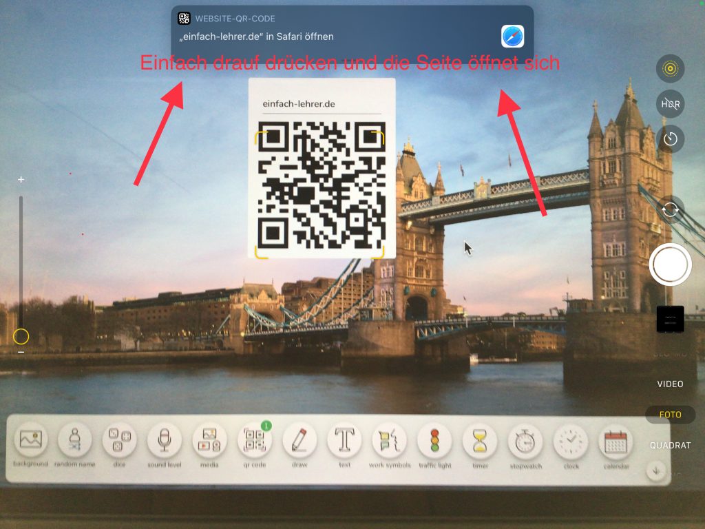 Das iPad im Unterricht: Den eingebauten QR-Code Scanner benutzen, um Internetseiten zu öffnen. 