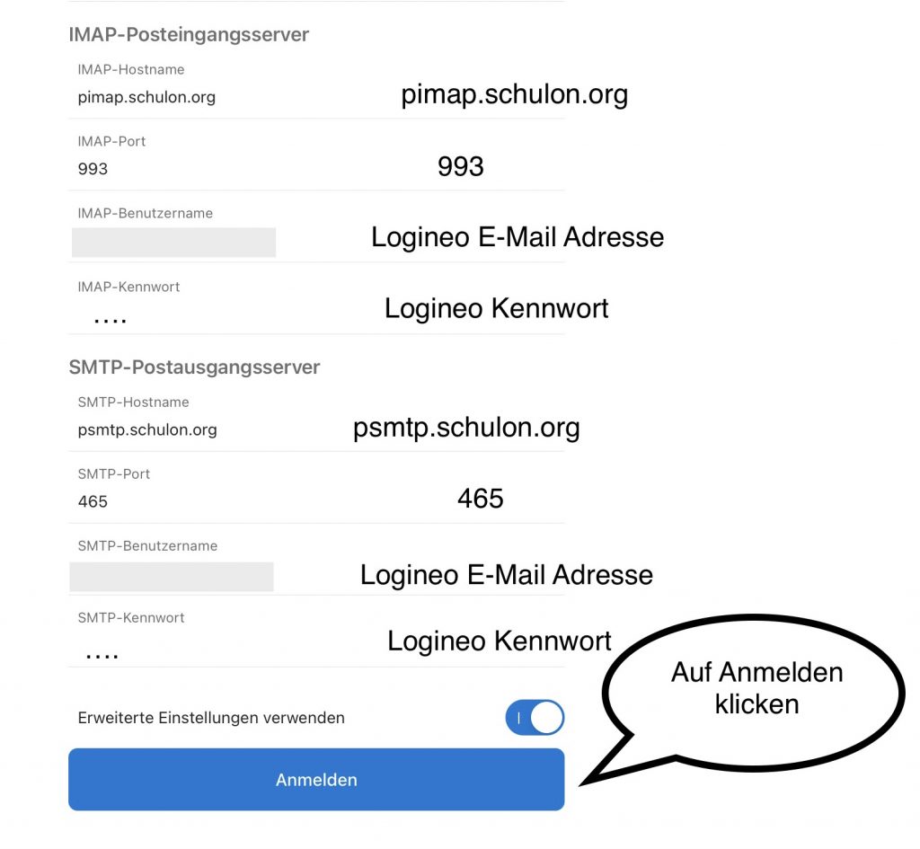 Logineo E-Mail mit Outlook auf dem iPad Serverdaten für Eingangs- und Ausgangsserver