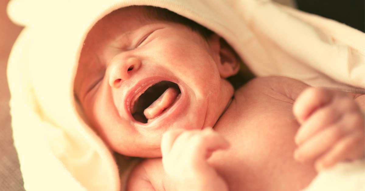 Ein neugeborenes Baby liegt nackt in ein Tuch gehüllt und schreib mit weit geöffnetem Mund.